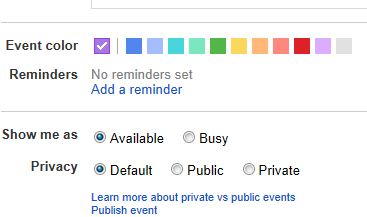 If you wish, you can color-code your events (or just leave it on the default). Be sure to change your privacy settings to "public" if you want others to be able to view your calendar.