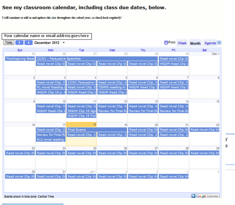 This is the calendar embedded on my classroom website. 