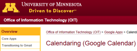 The University of Minnesota's page for students on using their Google Calendars.